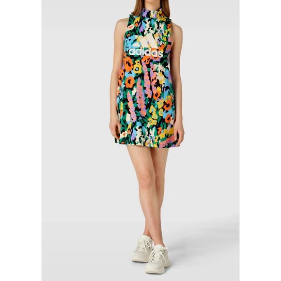 Adidas Quarter Zip Mock Neck Multicolor Graphic Floral Print Mini Dress size S - Picture 1 of 14